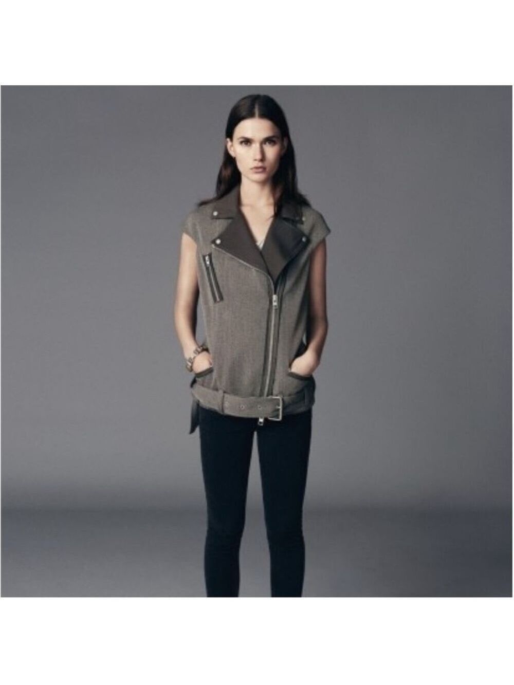 𝅺ALLSAINTS Italian Cloth Women’s Zulia Biker Moto Vest Brown Beige Size 6